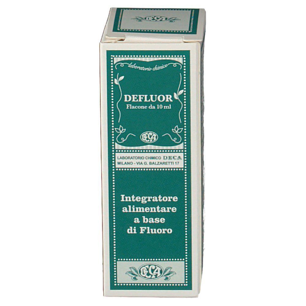Fronte di una scatola Deca Defluor Gocce, integratore alimentare a base di fluoro, 10 ml.