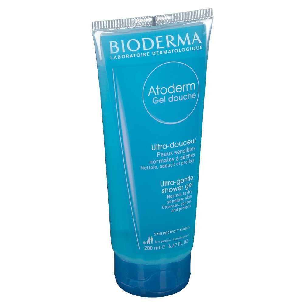 Un flacone di gel doccia BIODERMA Atoderm Ultra-delicato con tappo a scatto, vista frontale.