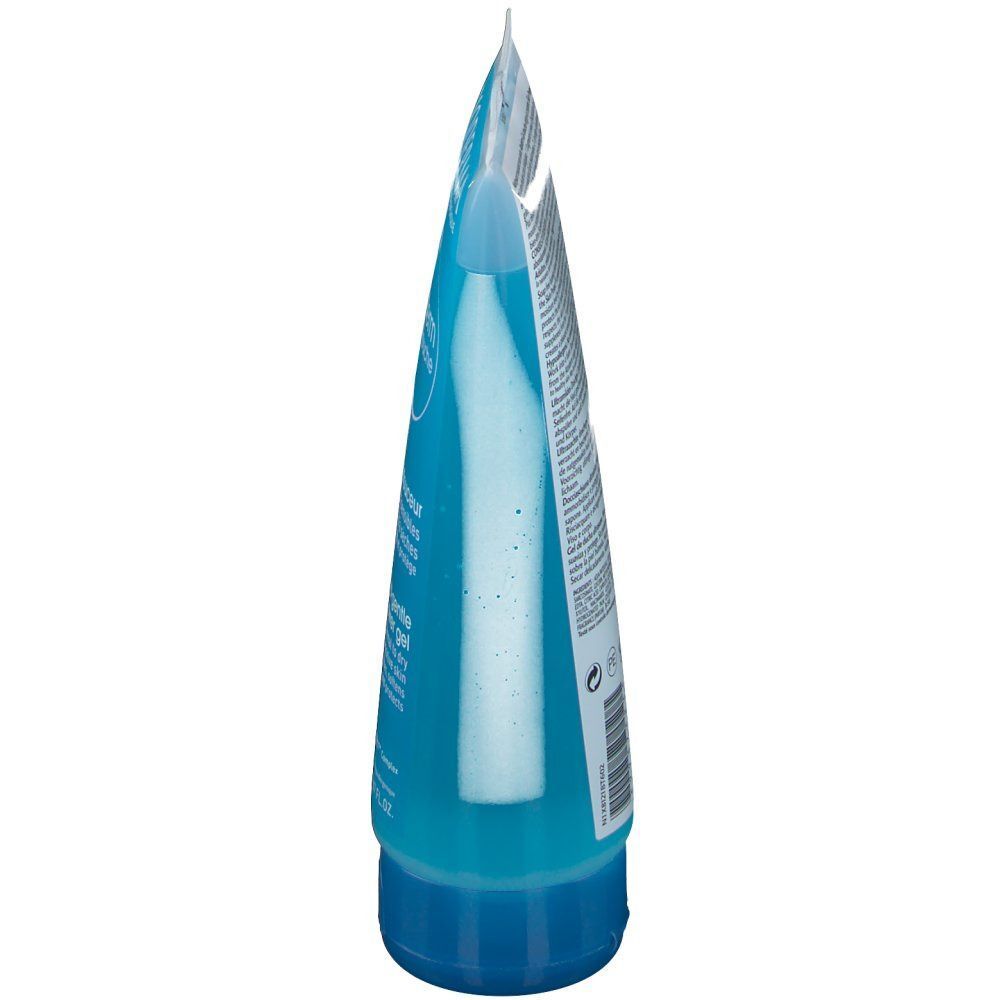 Lato di un flacone BIODERMA Atoderm Gel Doccia con gel blu.