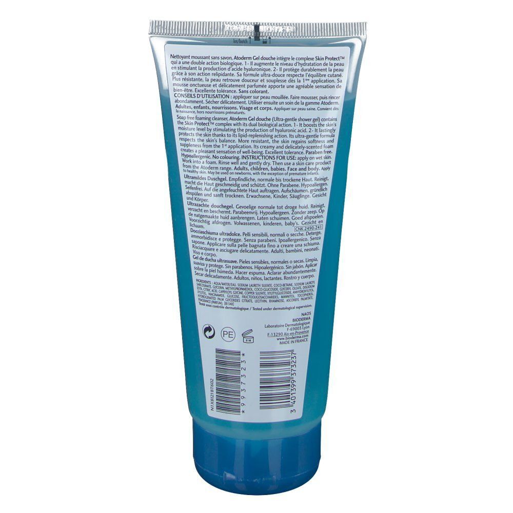 Retro di un flacone BIODERMA Atoderm Gel Doccia con informazioni sul prodotto.