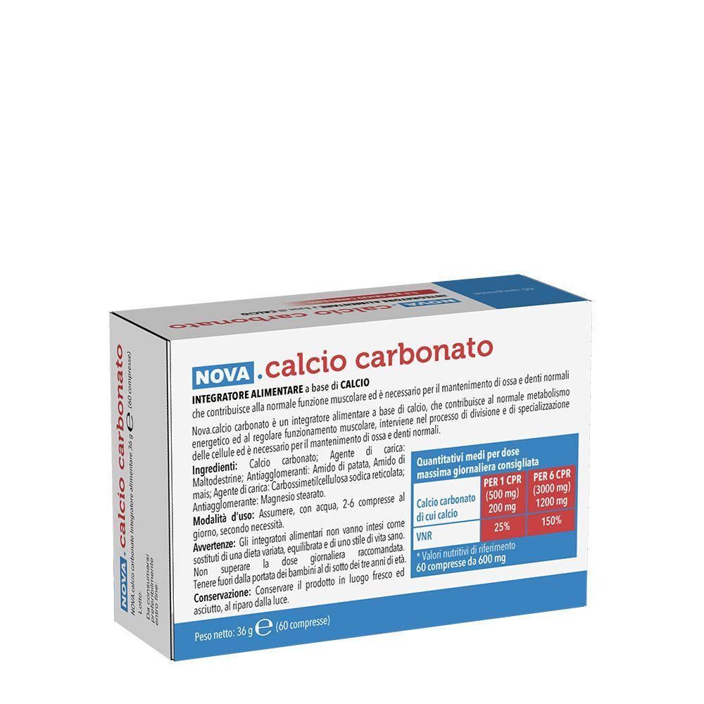 Retro della confezione di compresse Nova Calcio Carbonato, 60 pezzi.