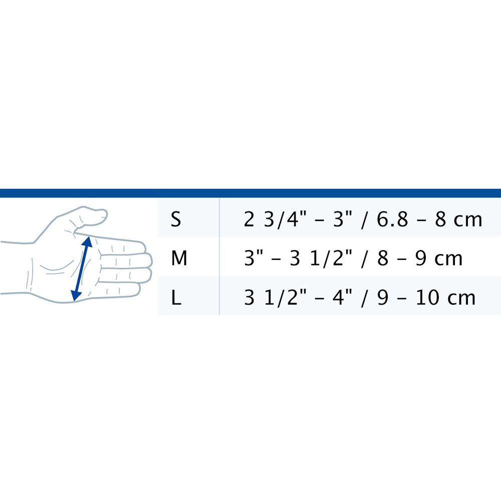 Tabella taglie guanti: S (6,8-8cm), M (8-9cm), L (9-10cm).
