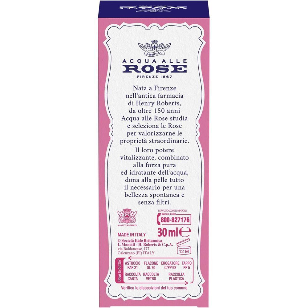Retro di una confezione di Acqua alle Rose Siero in Crema Lenitivo con informazioni prodotto e indicazione 30ml.