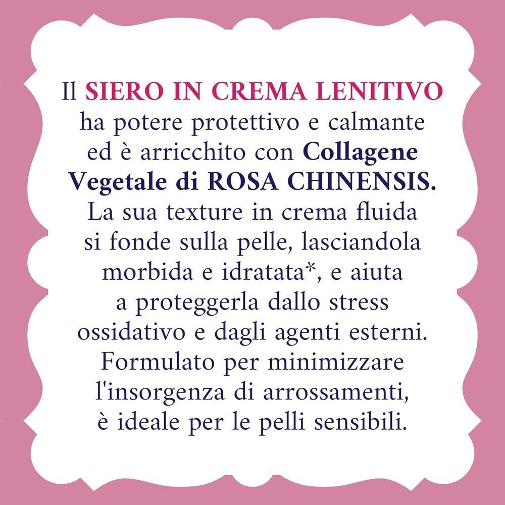 Descrizione testuale del Siero in Crema Lenitivo Acqua alle Rose per pelli sensibili con collagene di rosa.