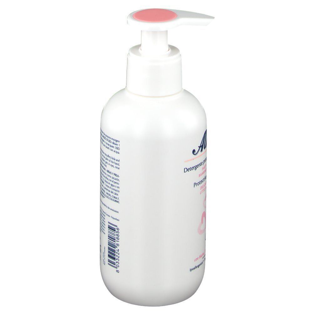 Vista laterale di un flacone bianco con pompa, etichetta Alkagin® Azione Protettiva Girl e simboli a cuore rosa.