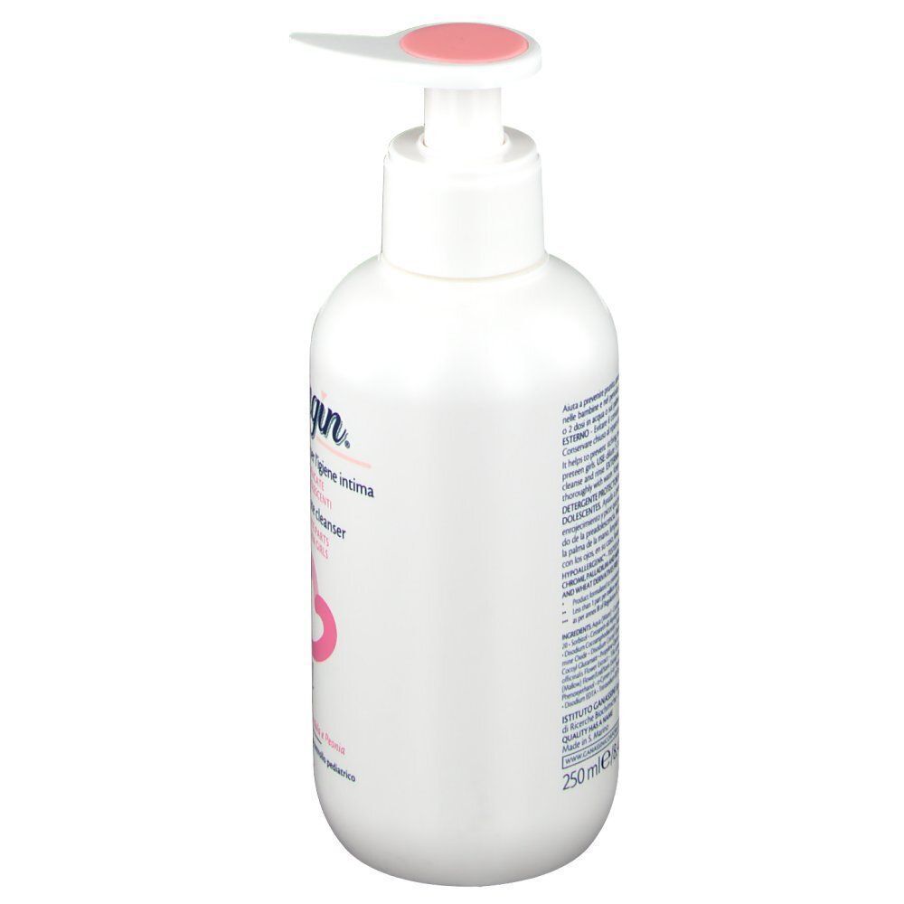 Flacone pump bianco Alkagin® Azione Protettiva Girl, vista laterale con etichetta e accento rosa.
