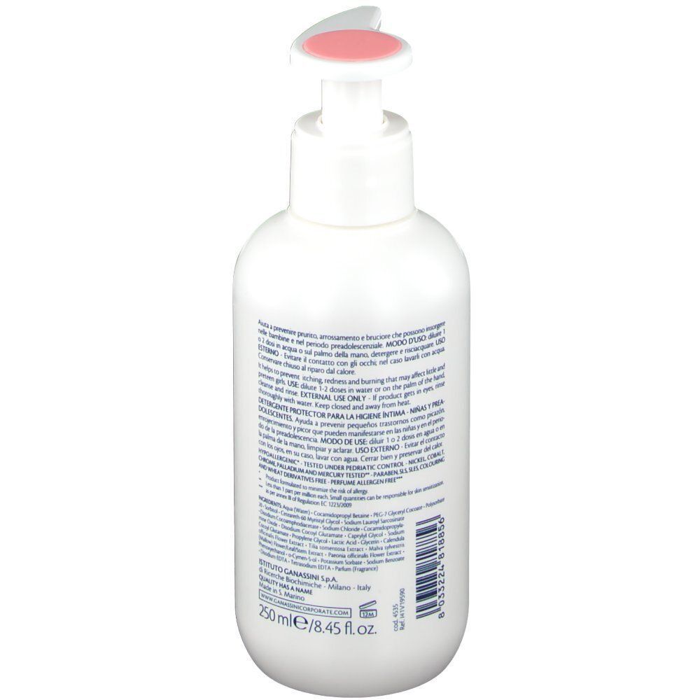 Flacone pump bianco Alkagin® Azione Protettiva Girl, vista posteriore con etichetta e indicazione 250ml.