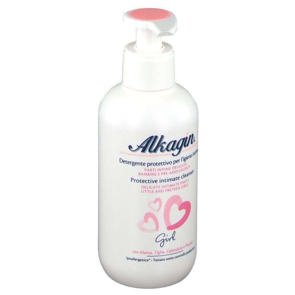 Flacone pump bianco Alkagin® Azione Protettiva Girl con accento rosa ed etichetta.