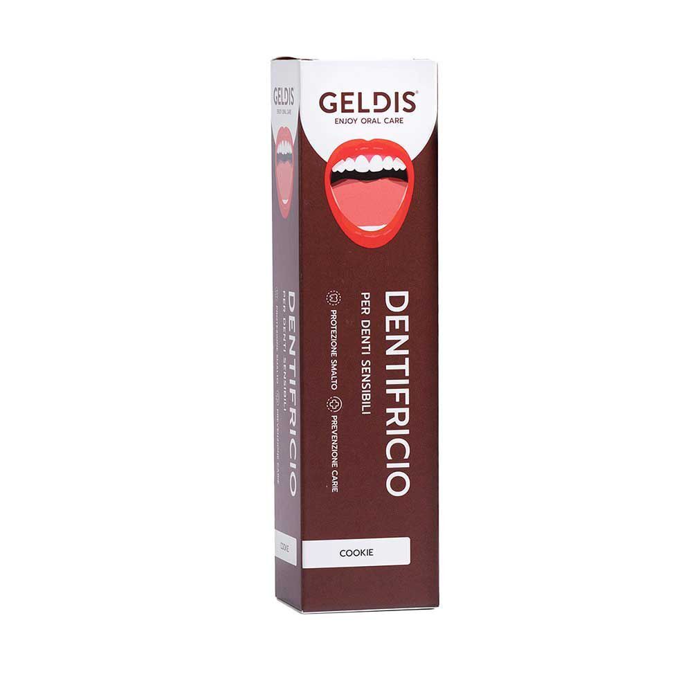 Confezione del Dentifricio Geldis per denti sensibili, gusto Cookie.