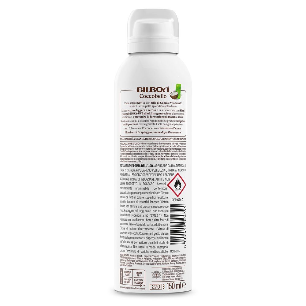 Retro di un flacone spray solare Bilboa Coccobello con informazioni sul prodotto e SPF 15.