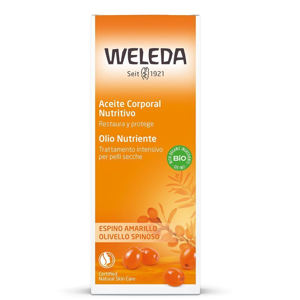 Flacone WELEDA Olio Nutriente Olivello Spinoso con etichetta arancione e motivo di olivello spinoso.
