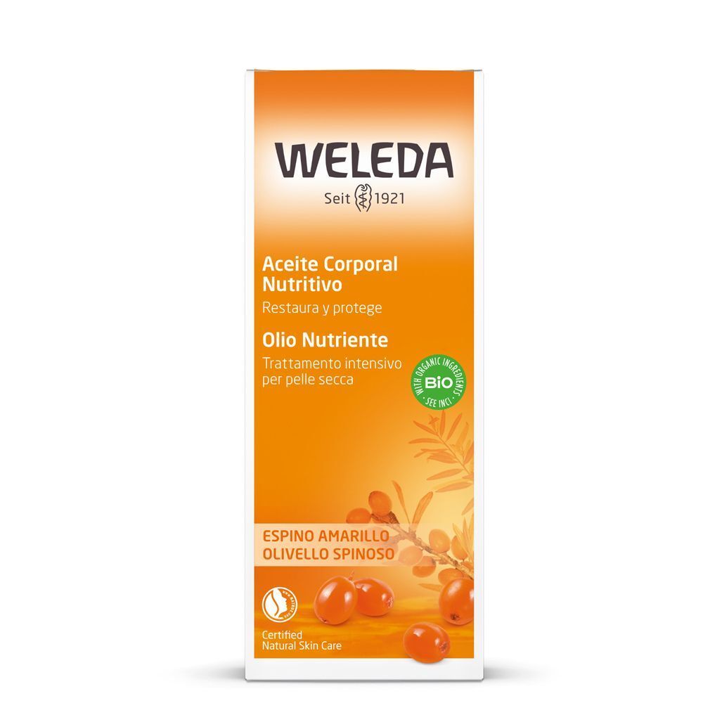 Olio corpo Weleda all'olivello spinoso in flacone verde con pompa ed etichetta arancione.