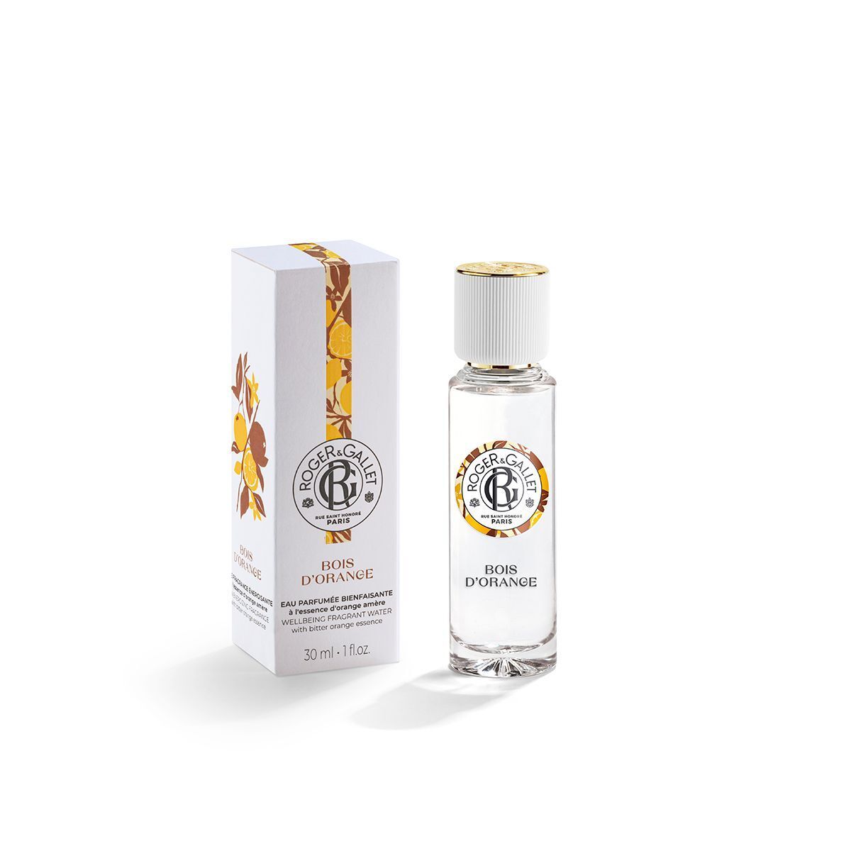 Flacone ROGER&GALLET Bois D'orange Eau de Parfum da 30ml accanto alla sua scatola di imballaggio coordinata.