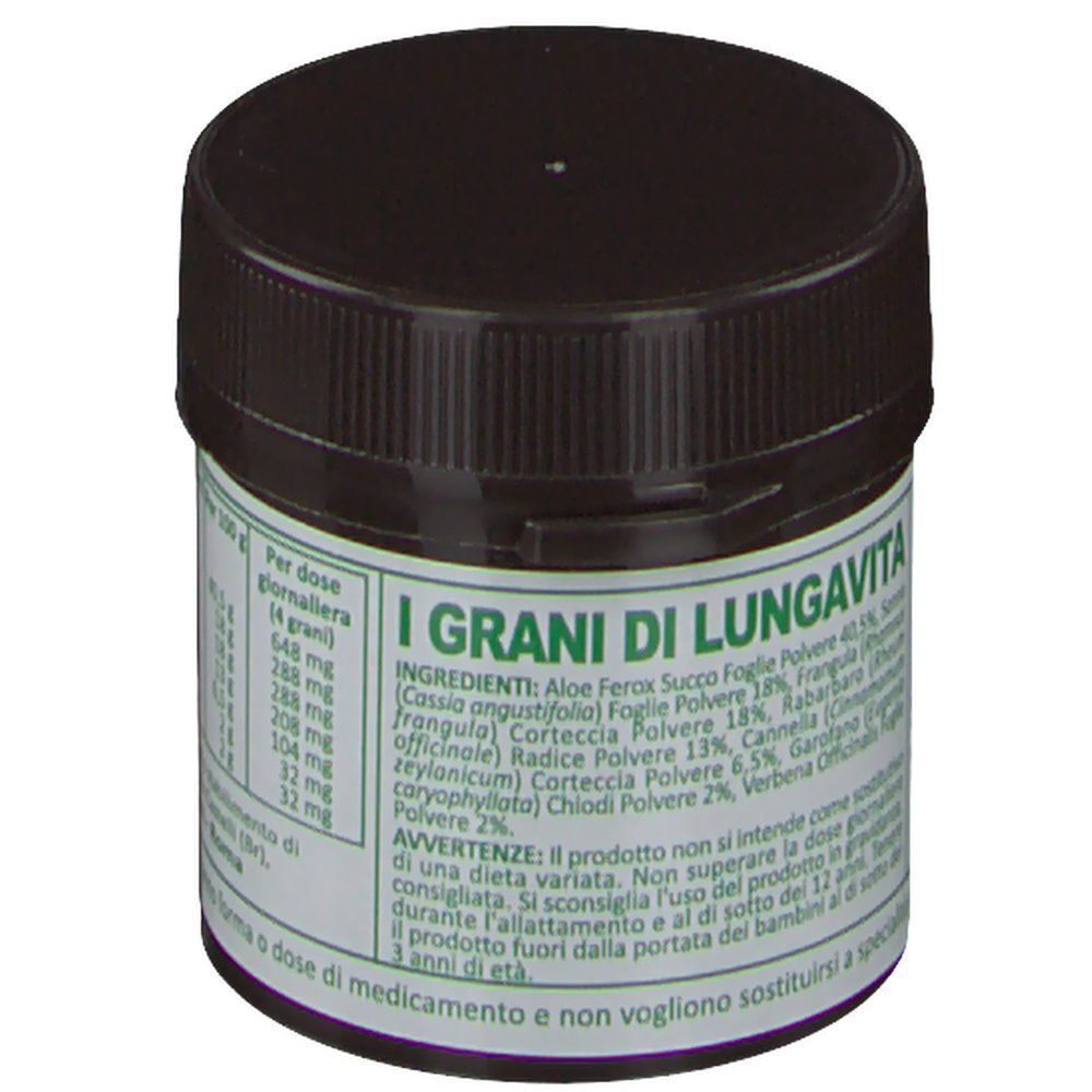 Un contenitore marrone con etichetta I Grani di Lungavita, che mostra ingredienti e avvertenze.