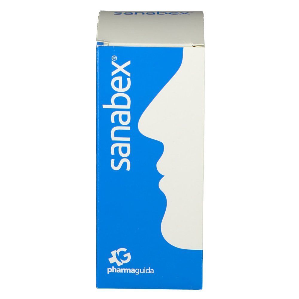 Confezione Sanabex con design blu, profilo di un volto e logo Pharmaguida.