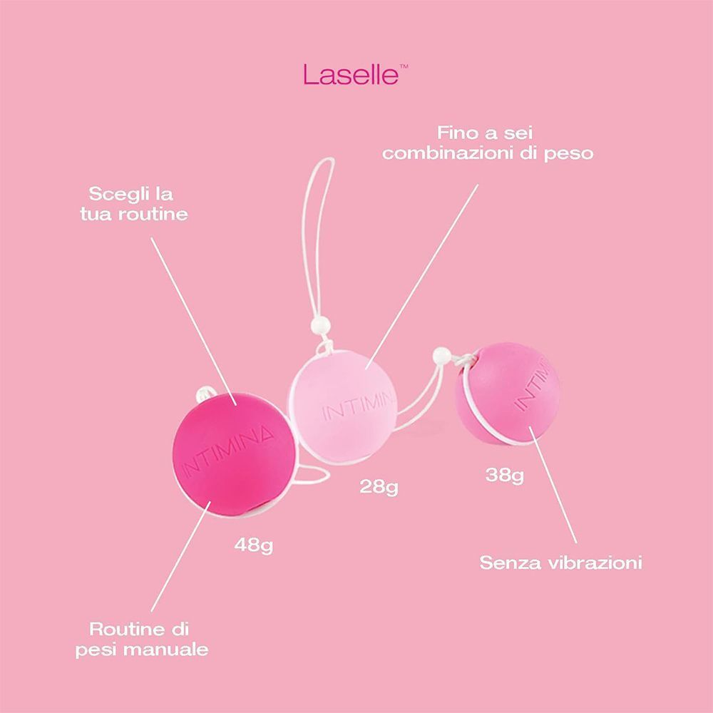 Tre sfere Kegel rosa con cordini di varie dimensioni e pesi.