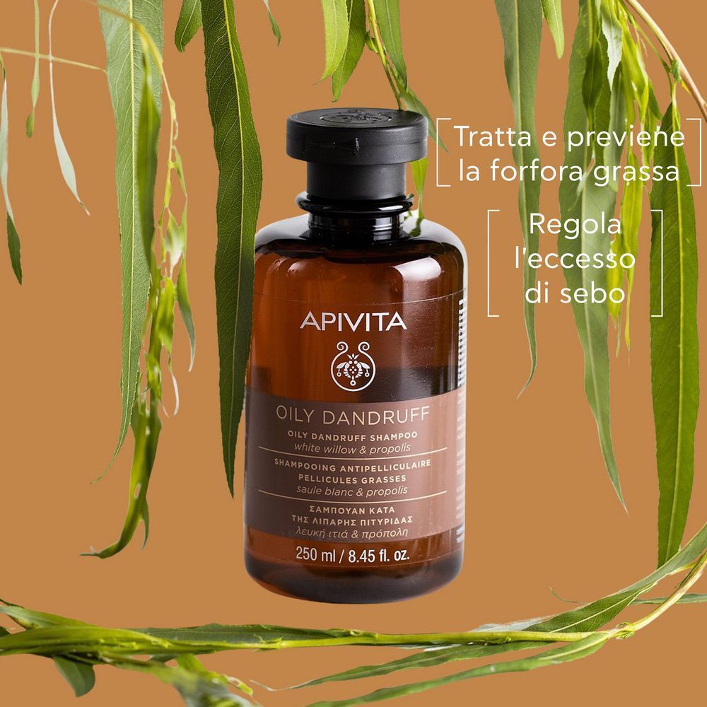 Flacone di shampoo APIVITA per forfora grassa con salice e propoli.