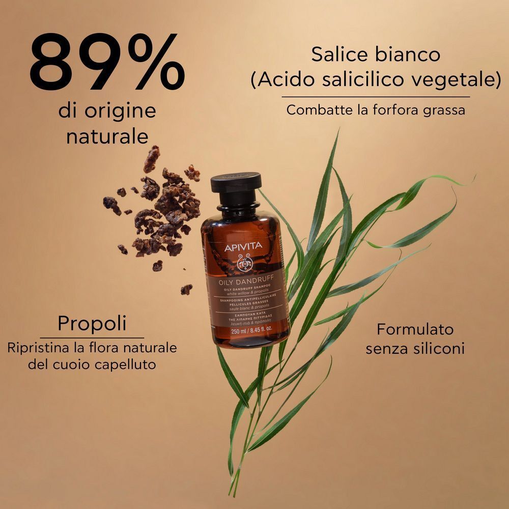 Shampoo APIVITA: 89% ingredienti naturali, salice bianco, propoli, senza siliconi.