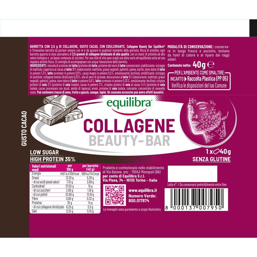 Equilibra Collagene Beauty-Bar gusto cacao, 40g, low sugar, high protein.