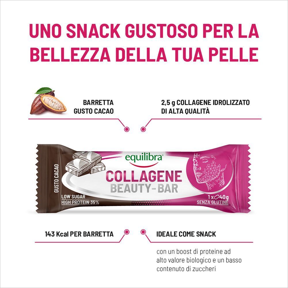 Equilibra Collagene Beauty-Bar Gusto Cacao. 2,5g di collagene, 143 kcal per barretta. Snack per la pelle.