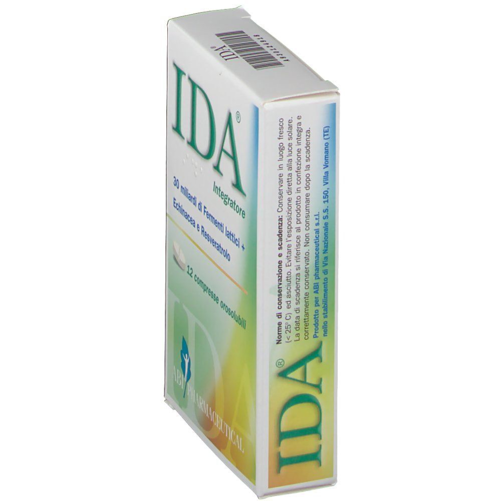 Una confezione di IDA Integratore con 12 compresse orosolubili, Fermenti lattici, Echinacea e Resveratrolo. Retro con informazioni sul prodotto.