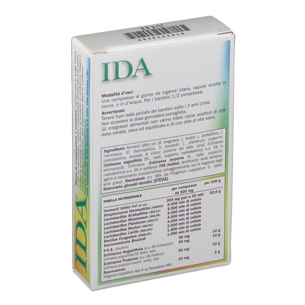 Una confezione di IDA Integratore con 12 compresse orosolubili, Fermenti lattici, Echinacea e Resveratrolo. Retro con informazioni dettagliate sul prodotto.