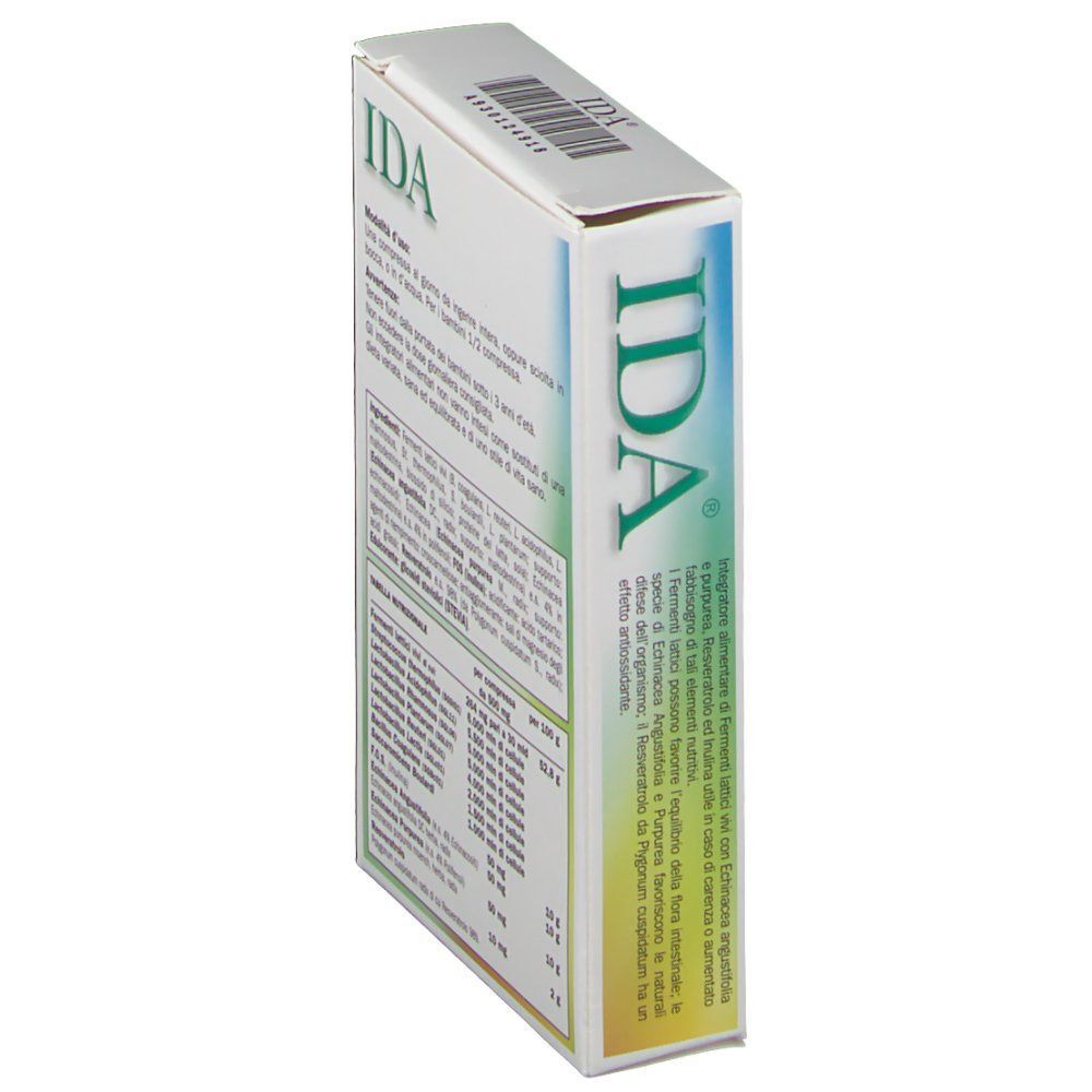 Una confezione di IDA Integratore con 12 compresse orosolubili, Fermenti lattici, Echinacea e Resveratrolo. Lato con informazioni sul prodotto.