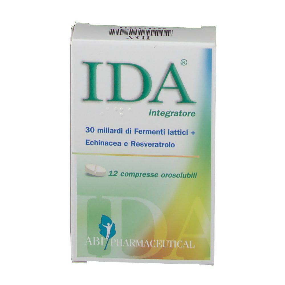 Fronte di una confezione di IDA Integratore con 12 compresse orosolubili, Fermenti lattici, Echinacea e Resveratrolo.