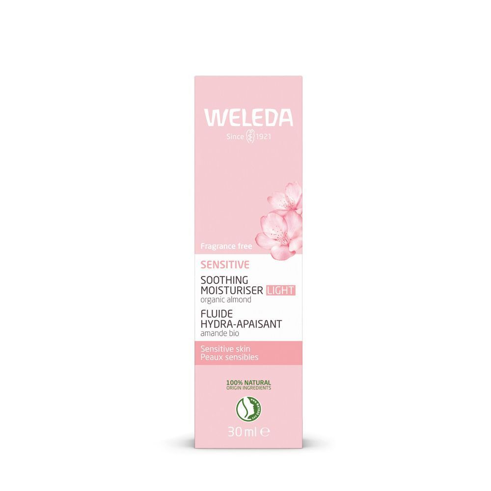 Tubetto rosa di WELEDA Fluido Viso Lenitivo Sensitiv Light, 30ml.