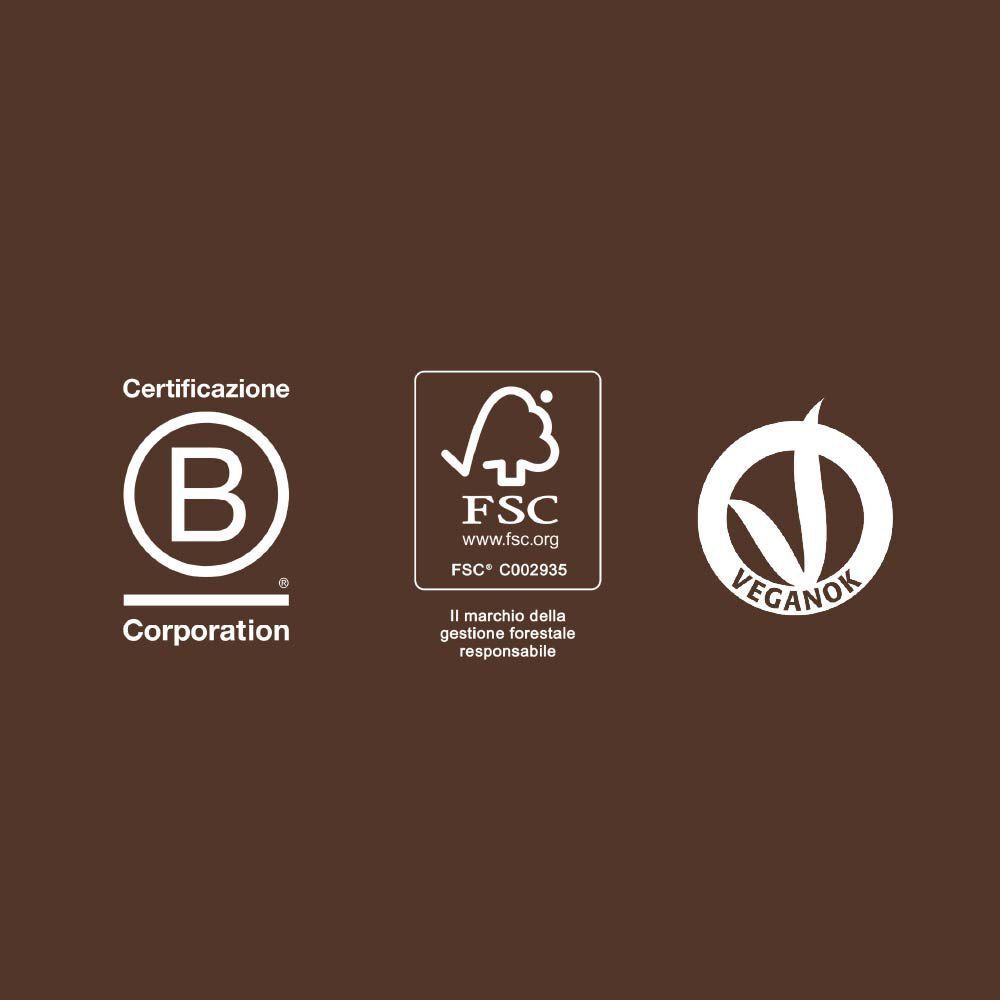 Loghi: B Corporation, FSC, Veganok. Certificazioni per prodotti responsabili e sostenibili.
