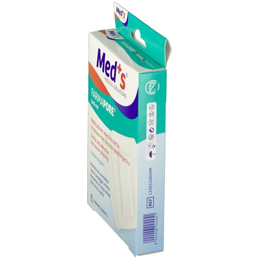 Lato della confezione Meds Farmapore medicazione sterile 6x9 cm con simboli e numero di riferimento.