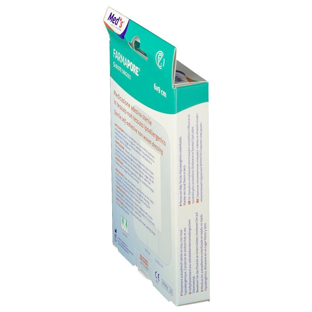 Lato della confezione Meds Farmapore medicazione sterile 6x9 cm con informazioni prodotto multilingue.