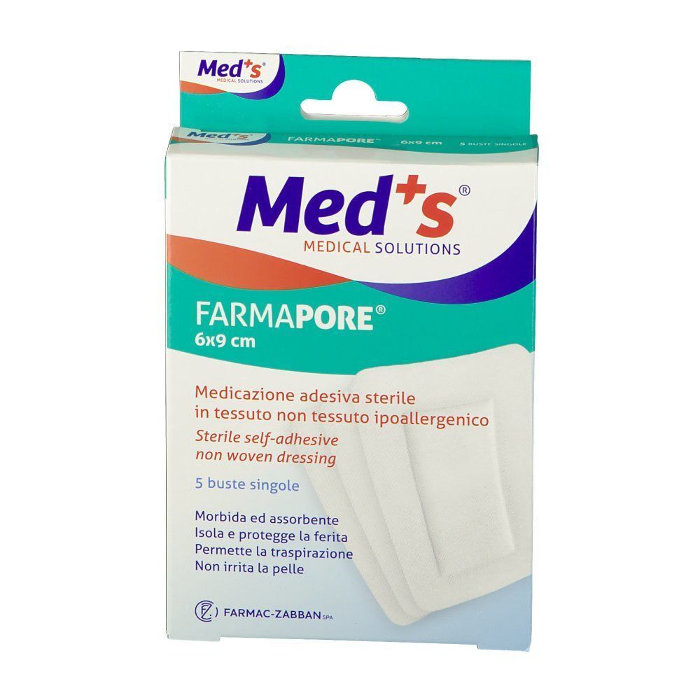 Fronte di una confezione di medicazioni Med's Farmapore sterili non tessute, 6x9 cm, 5 buste.