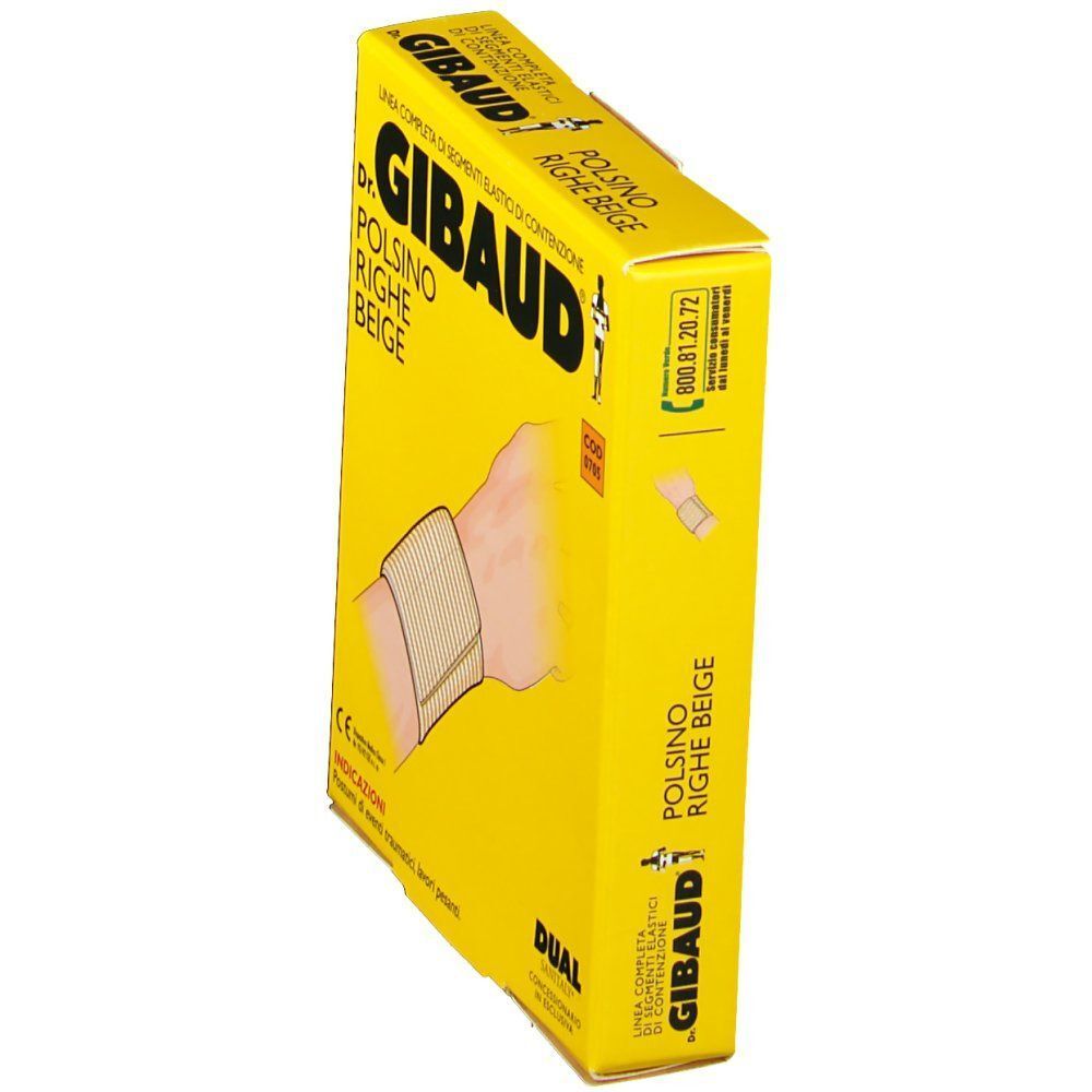 Scatola gialla per polsino, a righe beige, con illustrazione di un polso e informazioni sul prodotto.
