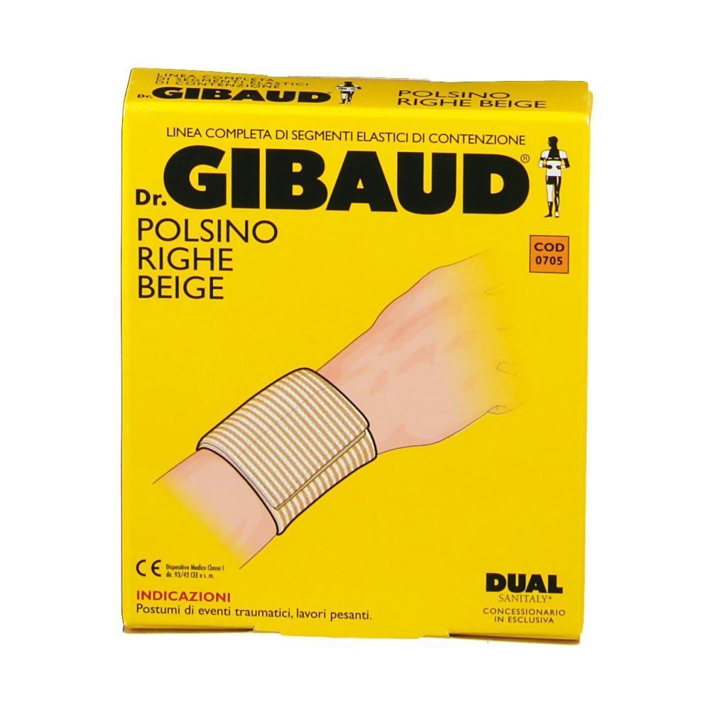 Scatola gialla per polsino Dr. Gibaud, beige, a righe, su un braccio.