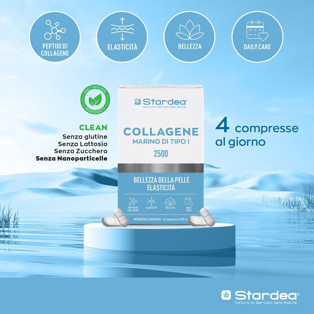 Confezione Stardea Collagene 2500 con icone per cura quotidiana ed elasticità.