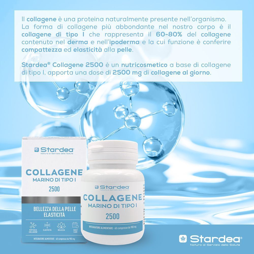 Confezione e barattolo Stardea Collagene 2500 davanti a cerchi blu astratti.