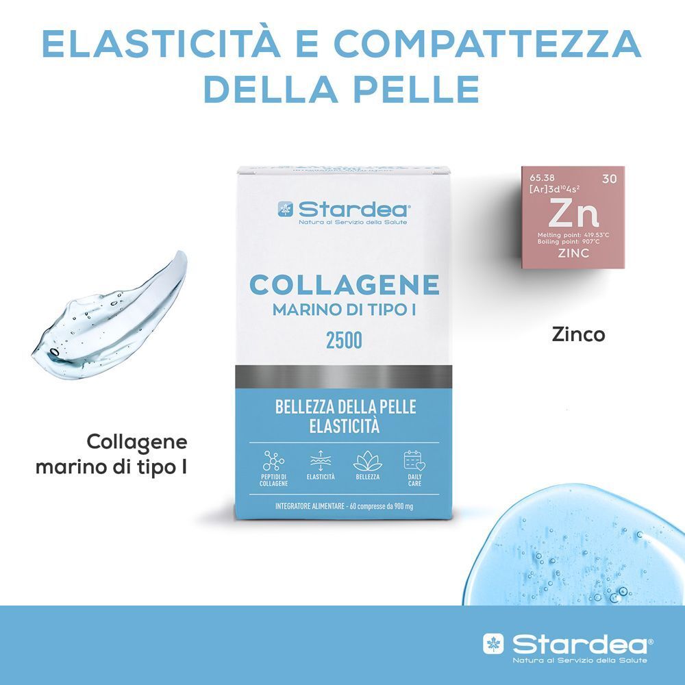 Confezione Stardea Collagene 2500 con rappresentazione di collagene e zinco.