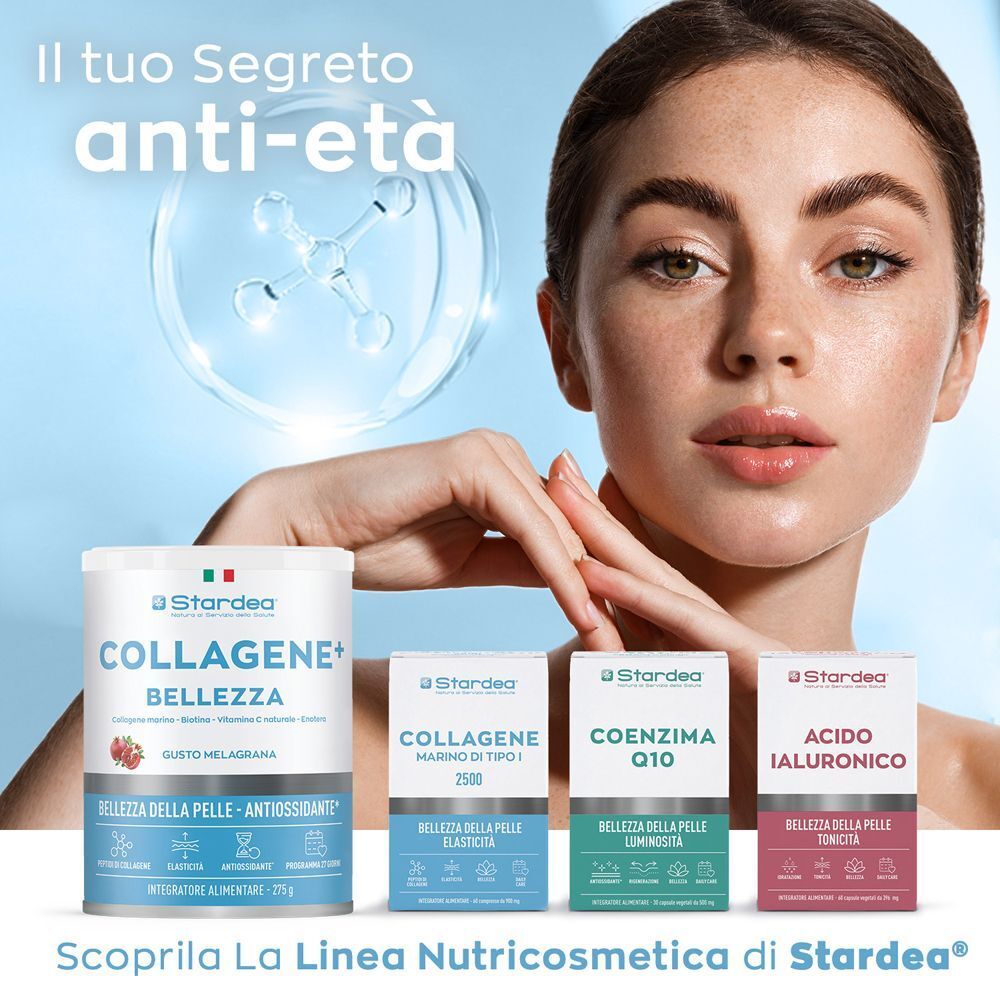 Donna con focus anti-età, circondata da prodotti Stardea collagene e skincare.