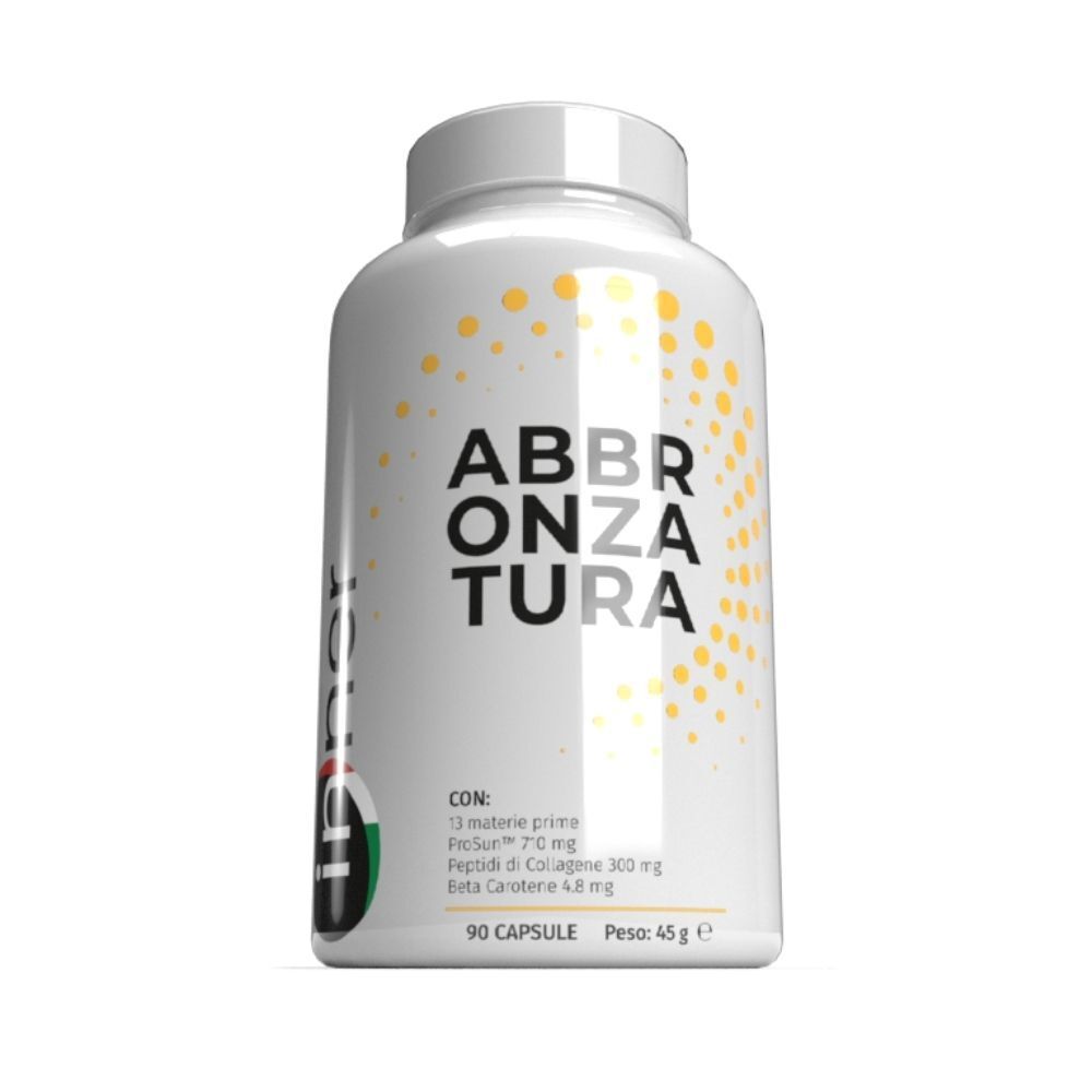 Un flacone bianco con 'ABBRONZATURA', ingredienti e 90 capsule.
