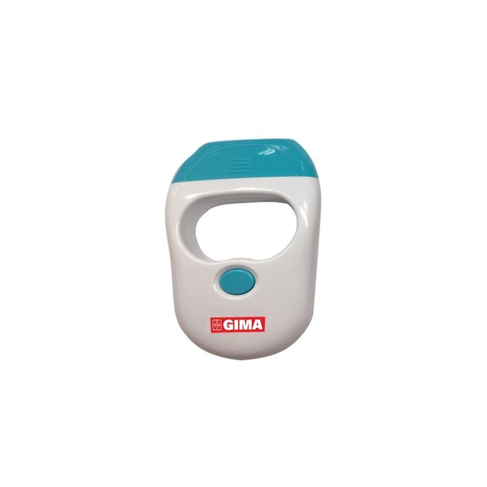 Un pettine elettrico bianco per pidocchi con cappuccio turchino e logo GIMA.