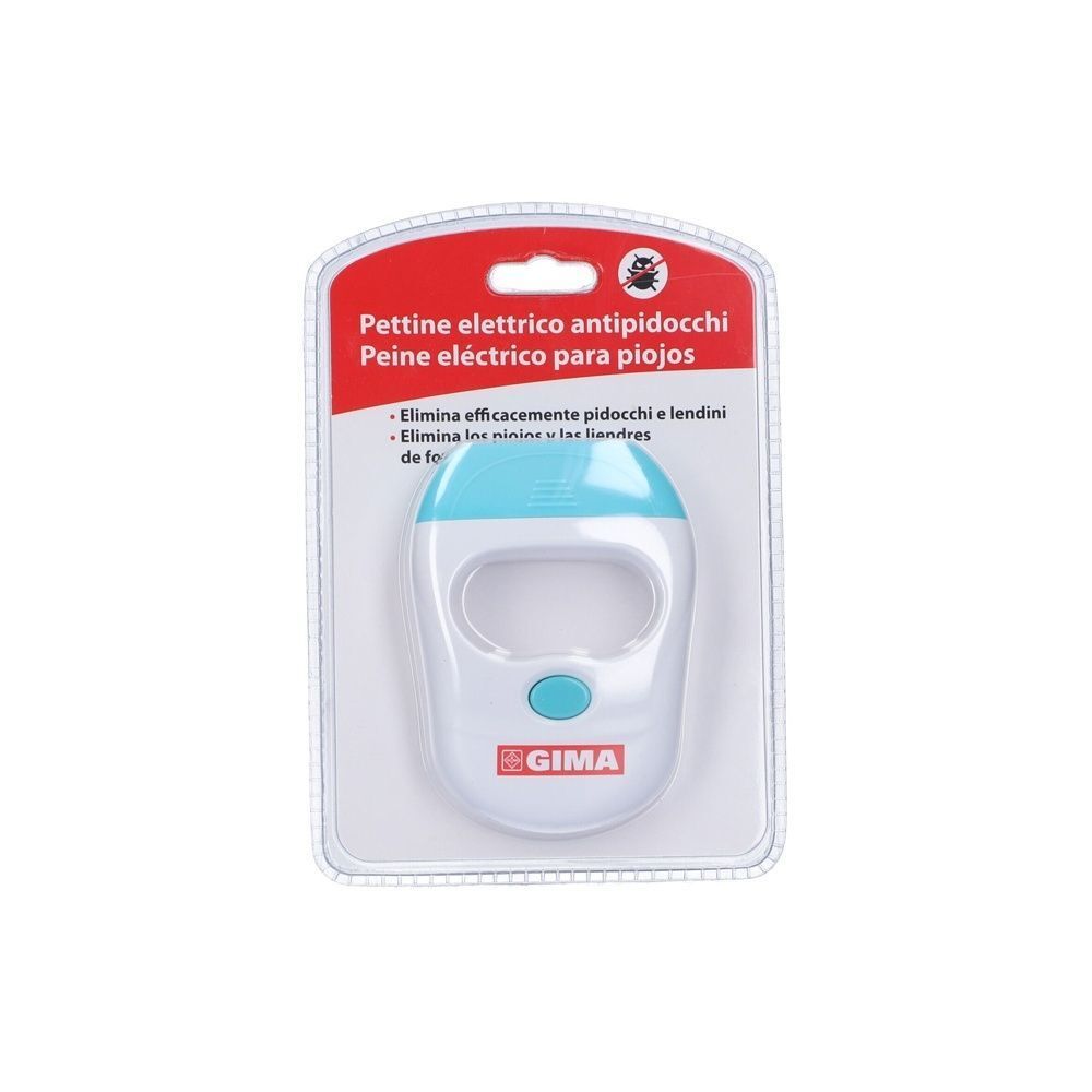 Pettine elettrico antipidocchi in confezione blister con descrizione prodotto in italiano e francese.