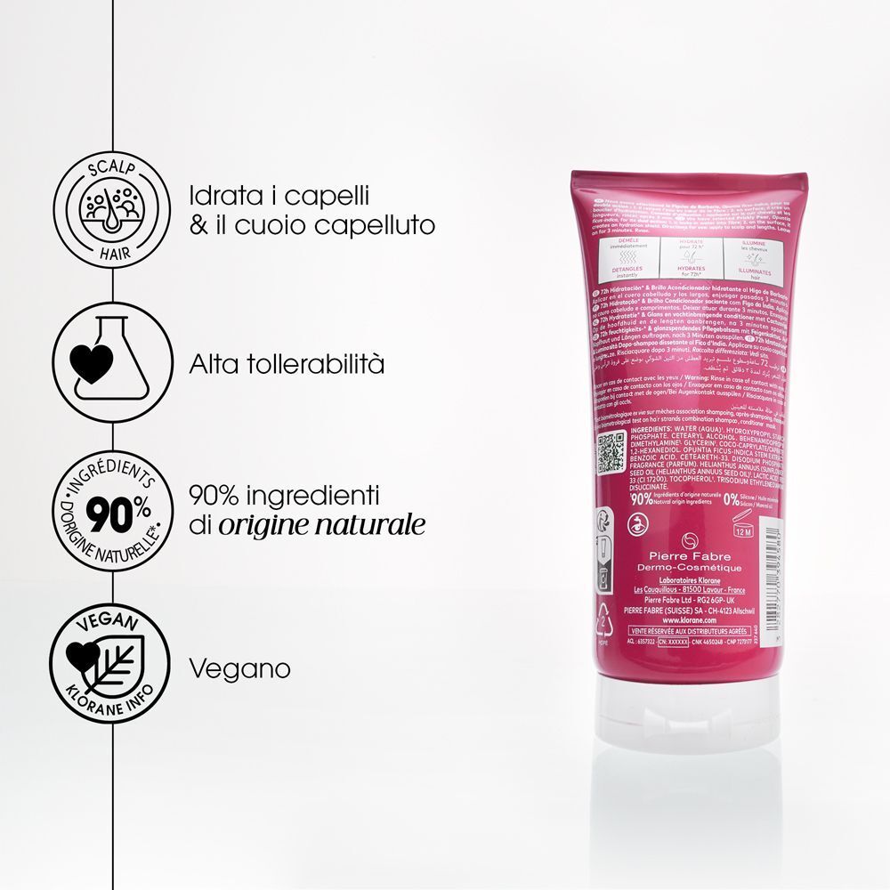 Retro di un tubo Klorane Balsamo con icone per cura del cuoio capelluto, alta tollerabilità, 90% ingredienti naturali e Vegano.