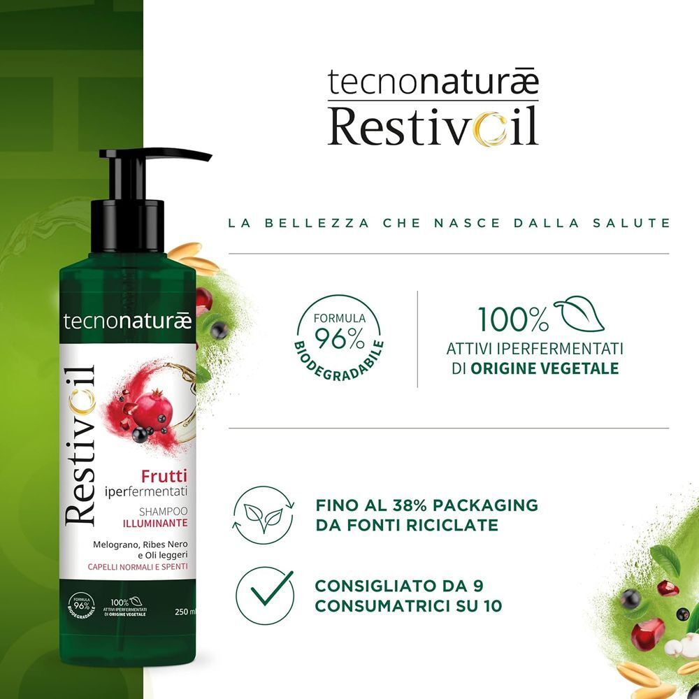 Restivoil Tecnonaturae Shampoo Illuminante con sigilli di biodegradabilità e ingredienti di origine vegetale.