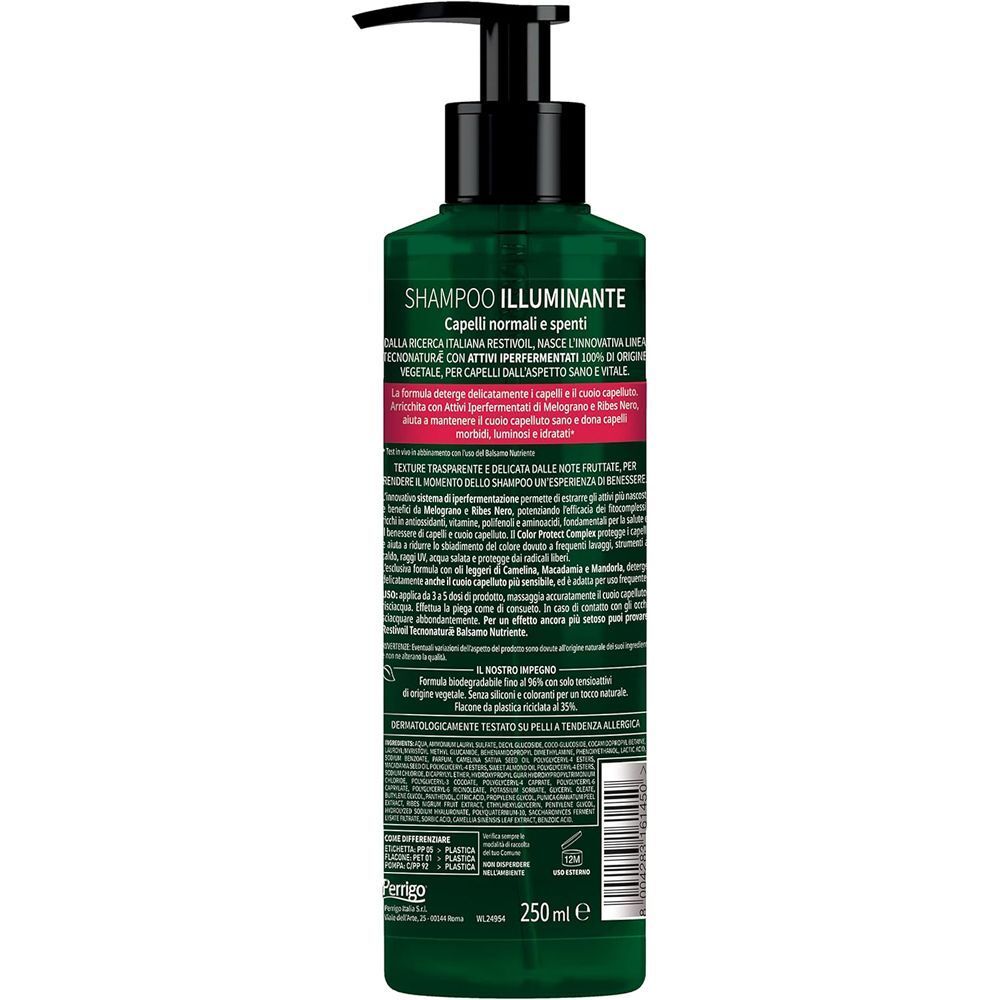 Retro di un flacone di Restivoil Tecnonaturae Shampoo Illuminante con informazioni dettagliate sul prodotto.