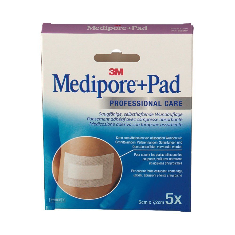 Confezione Medipore+Pad 5x7,2cm, 5 pezzi. Medicazione adesiva con tampone assorbente.