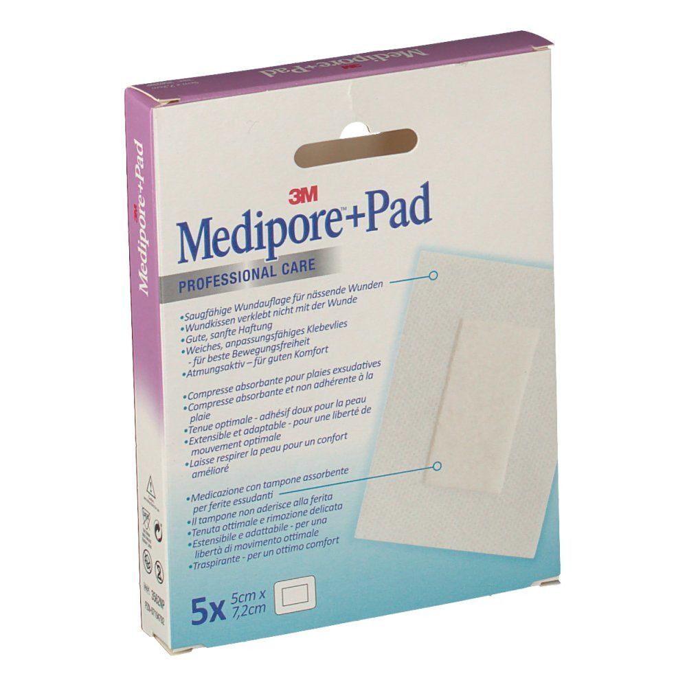 Confezione Medipore+Pad 5x 7,2 cm, 5 pezzi. Medicazione adesiva con tampone assorbente.