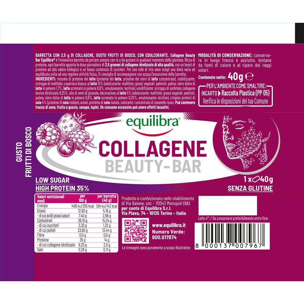 Confezione Equilibra Collagene Beauty-Bar Barretta, 40g, gusto Frutti di Bosco, low sugar, senza glutine.