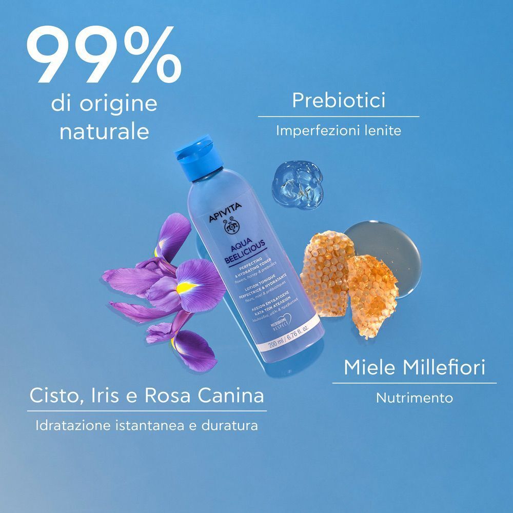 Tonico Apivita Aqua Beelicious con fiori, favo e prebiotici.