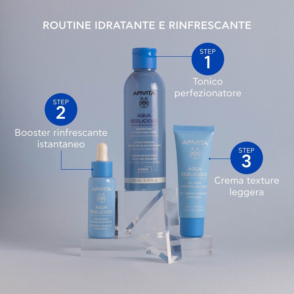 Set skincare Apivita Aqua Beelicious: tonico, booster e crema leggera.